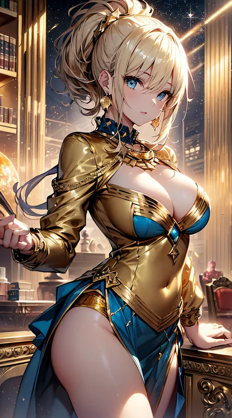 top-quality、Top image quality、​masterpiece、girl with((18year old、Gold underwear,Best Bust、Medium bust、Bust 85,Beautiful blue eyes、Breasts wide open,Sexy Gold Dress、Gold Miniskirt、Gold Earrings、Gold necklace、Gold Ring、Shining golden ponytail、Skirt flutters、...