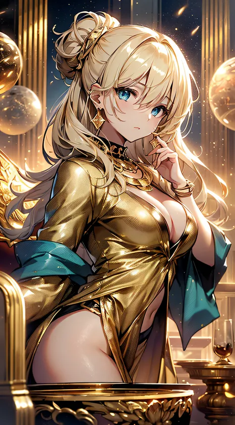 top-quality、Top image quality、​masterpiece、girl with((18year old、Gold underwear,Best Bust、Medium bust、Bust 85,Beautiful blue eyes、Breasts wide open,Sexy Gold Dress、Gold Miniskirt、Gold Earrings、Gold necklace、Gold Ring、Shining golden ponytail、Skirt flutters、...