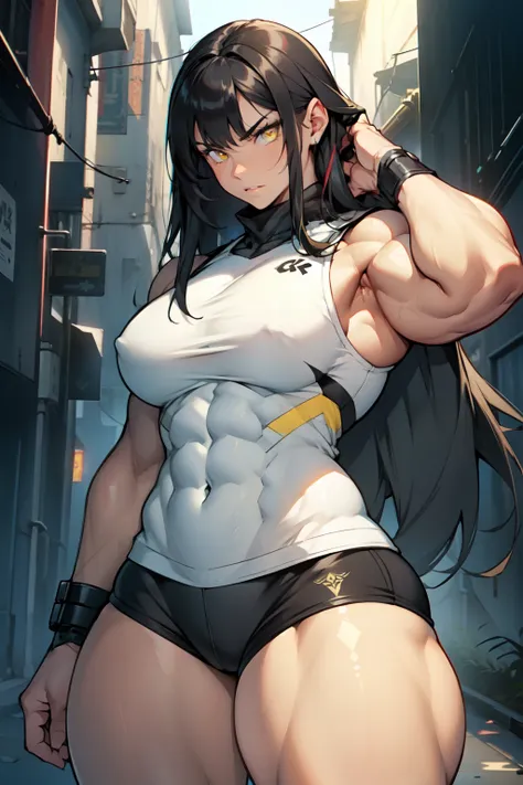 ((((1girl muscular thick thighs)))) pale skin angry black hair very long hair yellow eyes