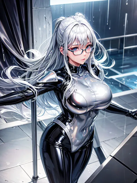 5 8K UHD、Silver shiny silver full body rider suit with glasses silver hair and nosed beauty soaking wet in the rain、Shiny silver latex slider suit with hidden skin