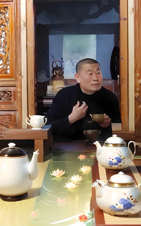 There are lotus flowers and carp in the water，tea ceremony scene