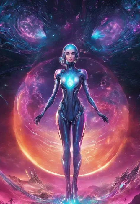 Cosmic alien life, beauty-queen, glowing dark eyes, Biomechanical, eerie, Creepy, nightmarish, Very bright colors, Light particles, with light glowing, Mshiff, UHD, Miss June Comics cover, Cover art