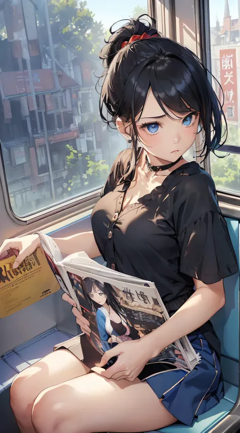 top-quality、Top image quality、​masterpiece、girl with((18year old、Best Bust、Medium bust、Bust 85,Beautiful blue eyes、Breasts wide open,Black Short Sleeve T-Shirt、Red cardigan with short sleeves、Black short skirt、Ponytail with black hair、sitting in the seat、R...