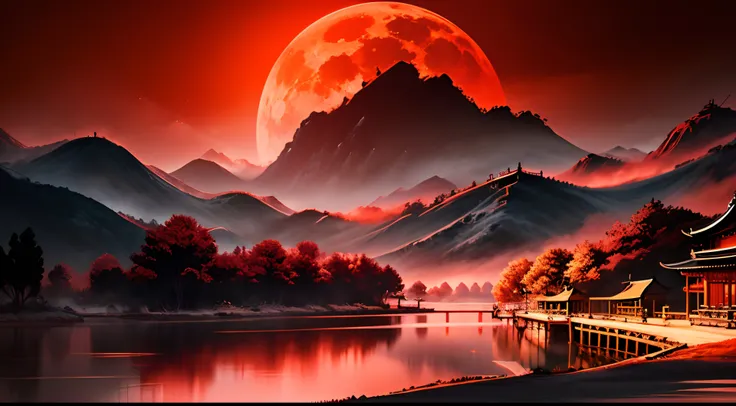 "Traditional Chinese ink landscape painting featuring vibrant red hues. beautiful Super moon, Amazing Detailed. Influenced by ancient Asian and Japanese designs. High-resolution 4k drawing showcasing exquisite artistry and beauty."