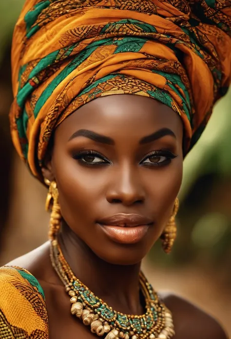 Femme africaine senegalaise ((Best quality)), ((Masterpiece)), (Ultra-detailed), High quality, Dressed in African outfit and sexy with a headscarf African fashion  ,intricate high detail, natural lighting, Outdoors in the African savannah, couleurs chaudes...