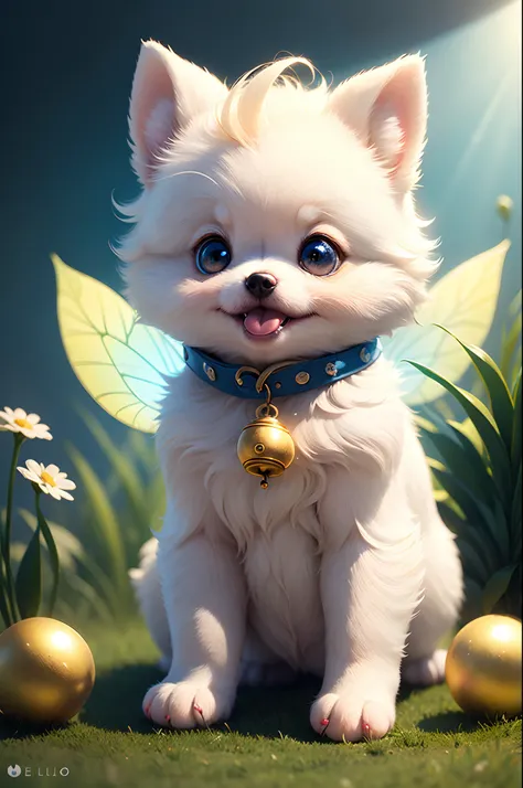 Cute Pixar style chubby baby pet, white Pomeranian baby, small one, with cute furry ears, happy laugh, dark blue watery big eyes, blue enchantress, blue  Fragrant alyssum flower grass, light blue background, sunlight shining down, fairy tale world, high-de...