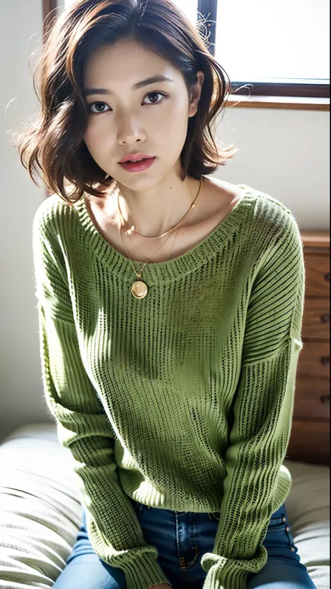 (Best Quality, 8K, 32K, masutepiece, nffsw: 1.2), photo beautiful Japanese woman, Room, Exquisite facial features, Perfect figure, Curly Shorthair, Full body photo, Yarn knitting sweater, Necklace, Simple background, From  above, Looking at the viewer,