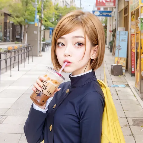 girl, short brown hair, drinking boba, wearing uniform