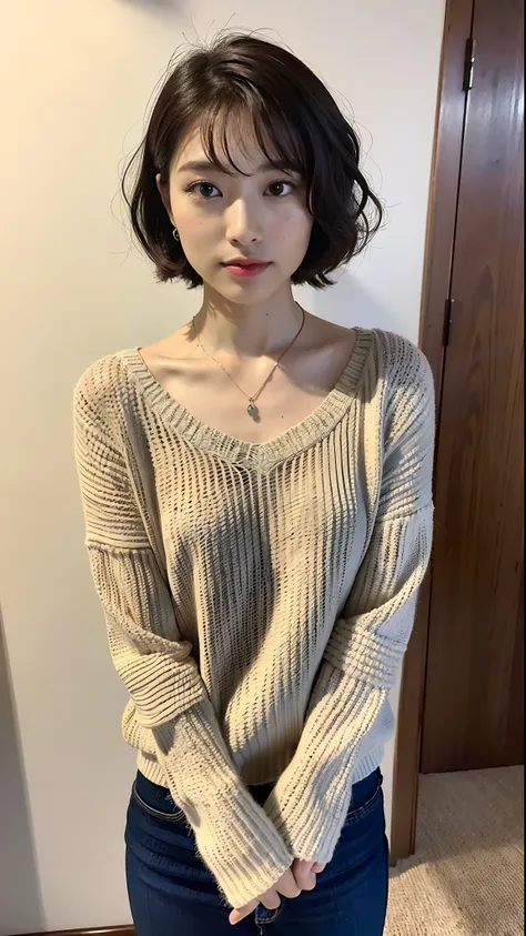 (Best Quality, 8K, 32K, masutepiece, nffsw: 1.2), photo beautiful Japanese woman, Room, Exquisite facial features, Perfect figure, Curly Shorthair, Full body photo, Yarn knitting sweater, Necklace, Simple background, From  above, Looking at the viewer,