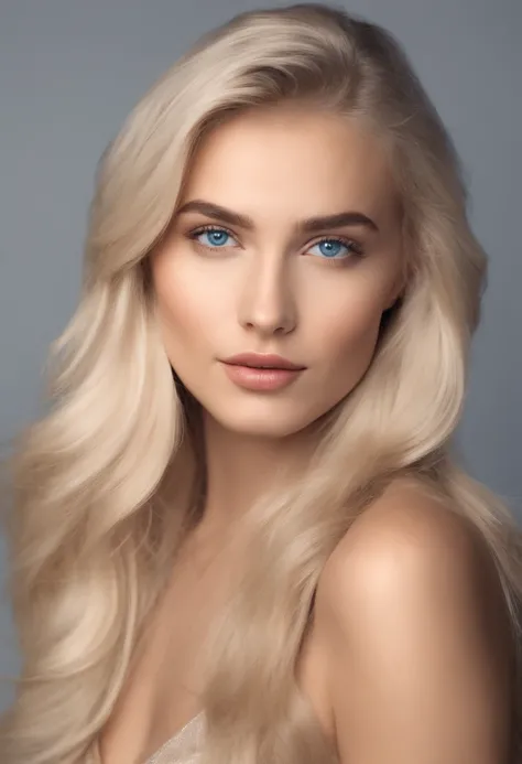 A beautiful woman, 18 years old, fair skin, slim body, straight platinum blonde hair, long hair, stylish haircut, wavy hair, attractive face, attractive young face, blue eyes, detailed face, full lips, body photo entire, neutral color background image, edi...