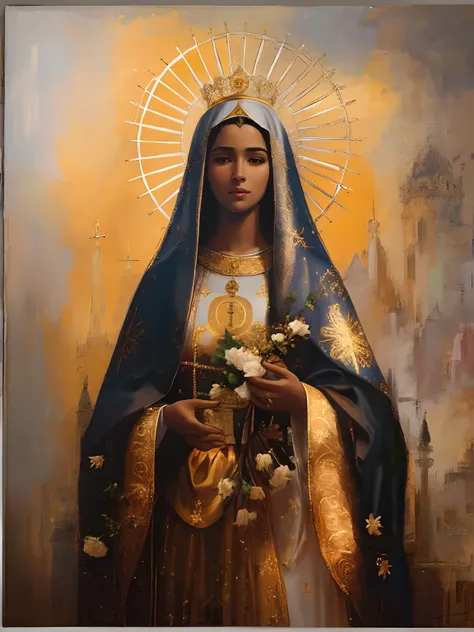 Painting of a black woman holding a bouquet of flowers in her hands, majestosa mulher de santo,fundo  ceu, Retrato da Virgem Maria, Directed by: Márkus Csaba,padroeira do Brasil, Nossa senhora aparecida, Santo de ouro bonito, pele escura deusa feminina do ...