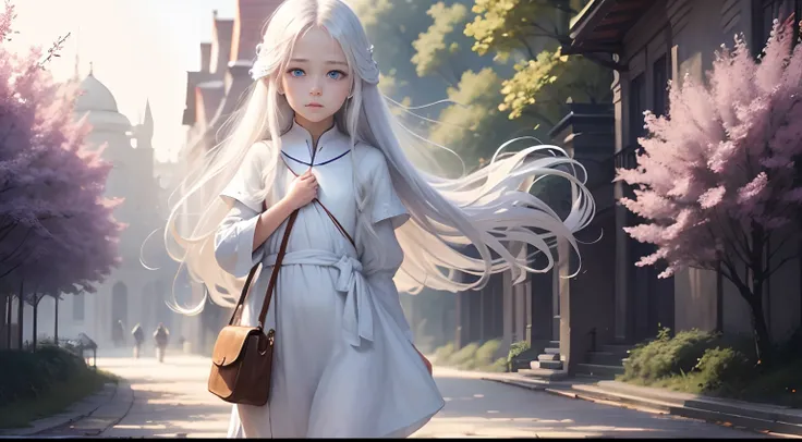 Wallpaper is a path, a beautiful girl name is May, 8-year-old girl with blue eyes, long white hair, wearing a white tunic, On the waist there is a small bag, Find things in cloth bags