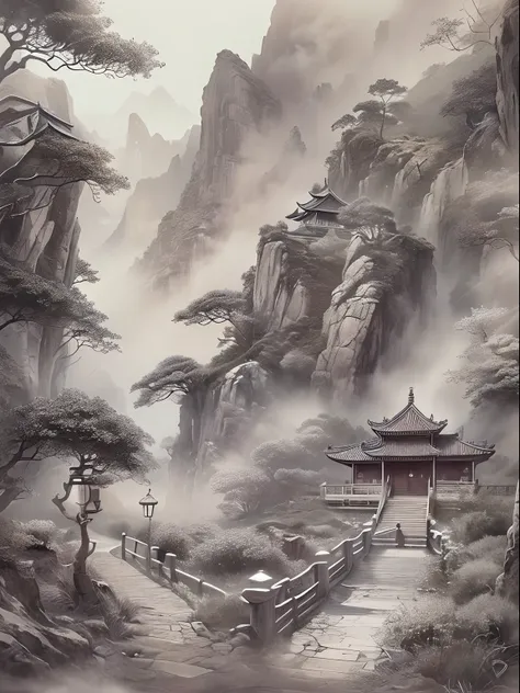 tmasterpiece，offcial art，China-style，Temple，mountain path，monk，(((ink wash style)))，Mountain background，high qulity，rich details​，8K，HDR，