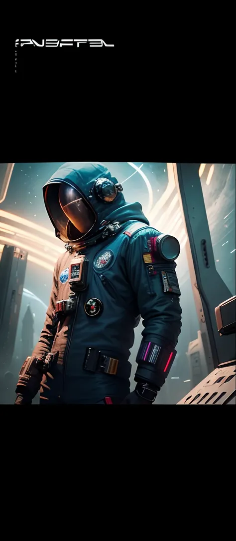 Fundo espacial, roupa de astronauta estilo cyberpunk,