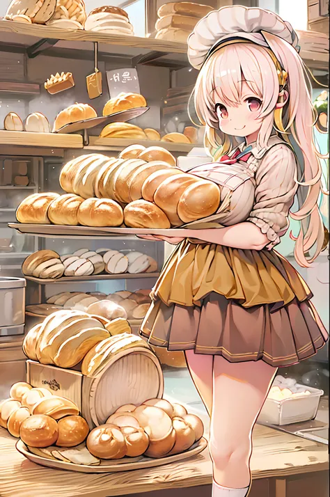 masutepiece、Anime style、女の子1人、huge-breasted、kawaii、bbw、thick thight、big butts、Ultramammy,pleatedskirt、Bakery、Baker、Bread lining、A big smile