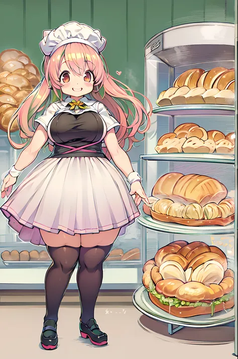 masutepiece、Anime style、女の子1人、huge-breasted、kawaii、bbw、thick thight、big butts、Ultramammy,pleatedskirt、Bakery、Baker、Bread lining、A big smile