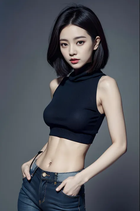 Alafed woman in black crop top and jeans, ig model | ArtGerm, girl wearing hoodie, photo of slim girl model, korean female fashion model, Trending on CGSTATION, Portrait of female Korean idol, tzuyu from twice, by Yang J, 2 4 years old female model, her na...