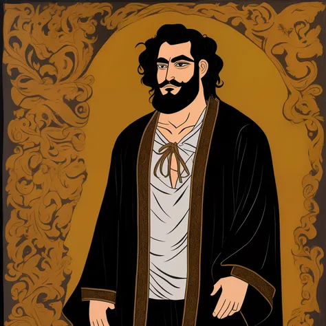 Roum, the God of Night (thick black hair and beard, with robes and torn fabricss)