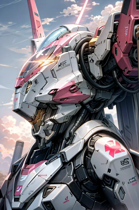 sky, cloud, holding_weapon, no_humans, glowing, , robot, building, macross,gawalk, mecha, science_fiction, real,light pink mech