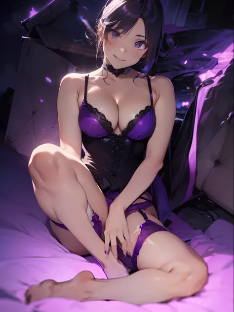 ultra-quality, ultla highres, Hyper Detailed, High contrast, Ultra-fine purple strike, creative refinement, ssmile,Purple corset,Purple garter belt,Clubhouse at night