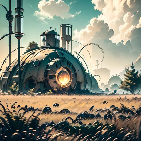 Ancient Mechanism, Nuclear reactor, fusion reactor, Plasma Reactor, Energy Ball, Energy Core, The Forgotten Mechanism of the Ancients, Strange Device, Abandoned building, Ruins of the factory, autumn, yellowed grass, Old trees, Autumn landscape