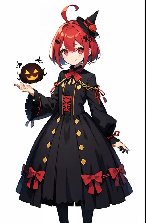 超A high resolution, nffsw, Best aesthetic, red hairs、A smile、Best Quality, masutepiece, Flat Avatar, Perfect litthing、(colourfull、vivd colour: 1.4)、Ahoge、full body Esbian, Peony hair ornament,　Shorthair、　is shy, A smile, 、Ahoge, Chibi, simple background, 耳...