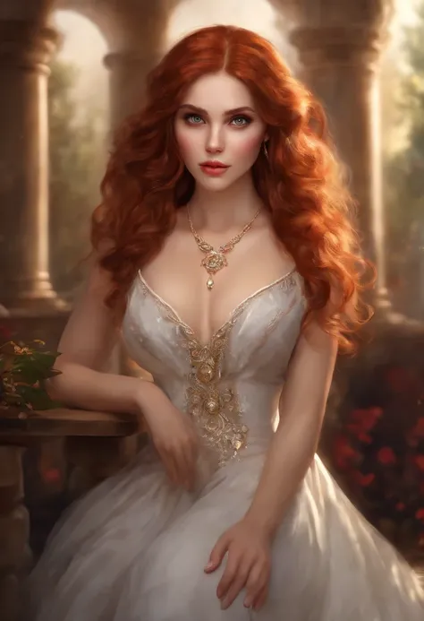 Best Quality, Masterpiece, (Realistic: 1.2), 1 girl, slim girl, red hair, brown eyes, front, detailed face, beautiful eyes, brown eyes, big eyes, normal breasts, cleavage, long dress