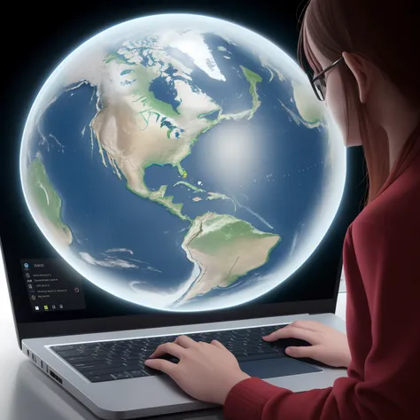 Someone is using a laptop with a map of the world on the screen, Foto detallada del mundo virtual, Conectividad, Inmersos en una red, Toma el control de tus datos, sobre un fondo oscuro, connectedness