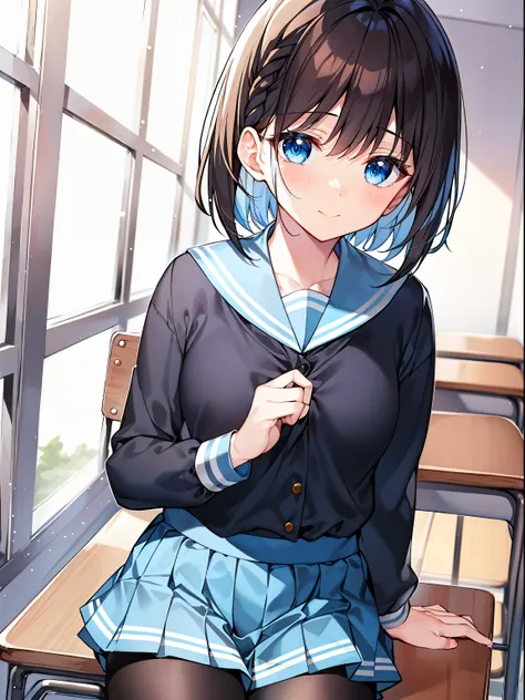 kawaii　a beauty girl　A dark-haired　short-haired　bob cuts　fluffy hair　light blue  eyes　((Light blue sailor suit))　long-sleeve　((Black Pants Stockings))　　School　((high-level image quality　hightquality　ultra-detailliert　8K)) Only 1 person　ssmile　(1 girl in)　D...