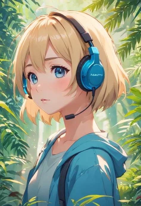 6 year old blonde girl , hightquality, clear focus (top-quality) (detailedskin: 1.3) (intricate detailes) (8K) (Eye Detail) (foco nítido), (scared) (Various poses) drawing((super detailed), #3b4195 background, Beautiful flowers, berries, ferns, Leaves, Wat...