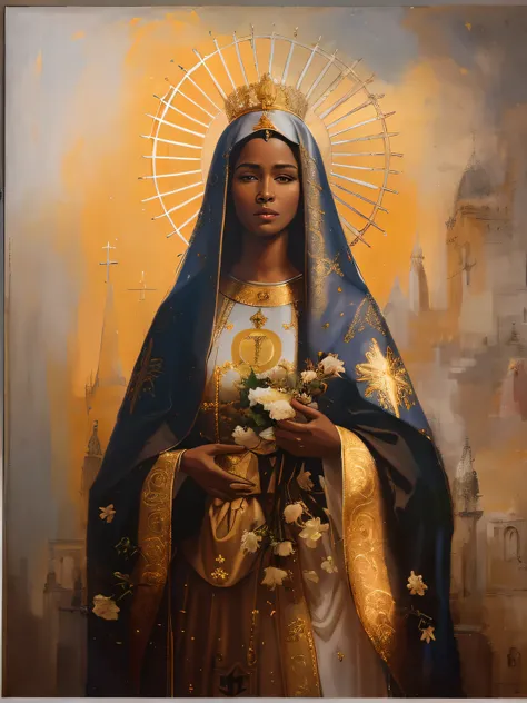 Painting of a very dark-skinned black woman holding a bouquet of flowers in her hands, Black factions on the face,  majestosa mulher de santo, fundo  ceu, Retrato da Virgem Maria, Directed by: Márkus Csaba,padroeira do Brasil, Nossa senhora aparecida, Sant...