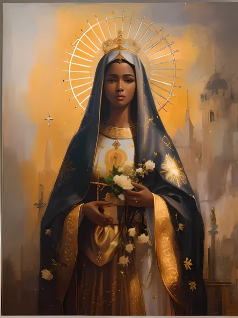 Painting of a very dark-skinned black woman holding a bouquet of flowers in her hands, Black factions on the face,  majestosa mulher de santo, fundo  ceu, Retrato da Virgem Maria, Directed by: Márkus Csaba,padroeira do Brasil, Nossa senhora aparecida, Sant...