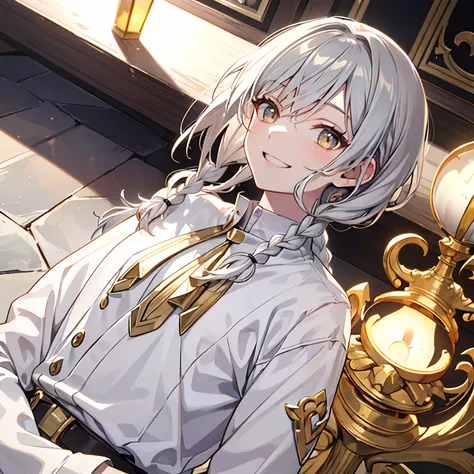 of the highest quality, High image quality, masutepiece, Gray hair, Golden Eyes, White clothes, Looking Up, Upper body, Hair strands, Fair skin, side braids, Smiling, Double-toothed