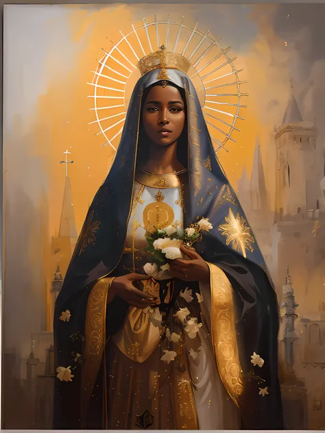 Painting of a very dark-skinned black woman holding a bouquet of flowers in her hands, Black factions on the face, and cheerful peeking,  majestosa mulher de santo, fundo  ceu, Retrato da Virgem Maria, Directed by: Márkus Csaba,padroeira do Brasil, Nossa s...