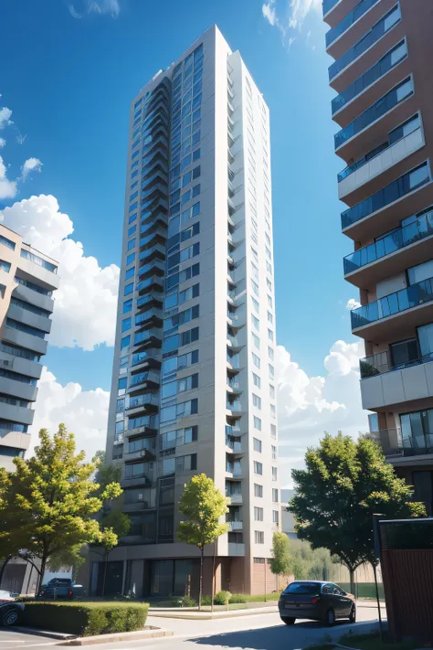 realistic photo oof a modern apartment building with few happy families, trees and blue sky, high resolution