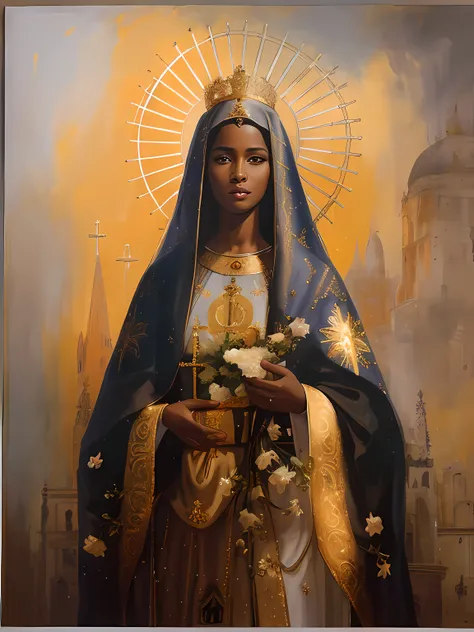 Painting of a very dark-skinned black woman holding a bouquet of flowers in her hands, Black factions on the face, and cheerful peeking,  majestosa mulher de santo, fundo  ceu, Retrato da Virgem Maria, Directed by: Márkus Csaba,padroeira do Brasil, Nossa s...