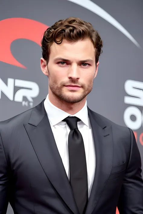 ((half body)) Photo RAW Ceo Man in Movie 007 ), wearing black suit, doing model pose, (wearing Dark Beard) movie scene, (Impeccable), tanned and curly body, Serious and elegant man, Actor Jamie Dornan, with thick male eyebrows, secret agent 007 man style, ...