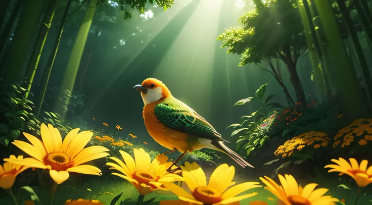 close up of a bird in a verdant forest, pixar style, high quality, amazing sunray, pretty flowers around, orange flowers around, bird beside view