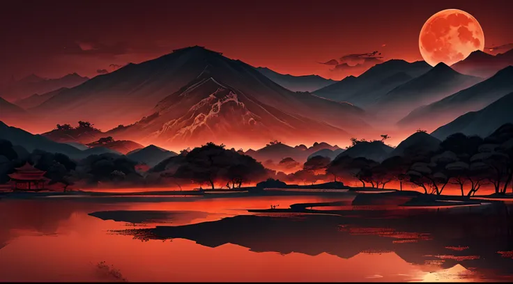 "Traditional Chinese ink landscape painting featuring vibrant red hues. beautiful Super Red moon, Amazing Detailed. Influenced by ancient Asian and Japanese designs. High-resolution 4k drawing showcasing exquisite artistry and beauty."