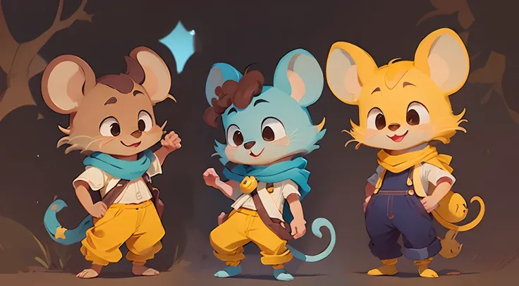 Pimpão is a charming little mouse, um sorriso encantador, Wearing a small yellow and blue colored scarf around the neck, Your eyes are small, brilhantes e expressivos, (((multiple poses))) e (((Expressions))), (((fundo branco))).