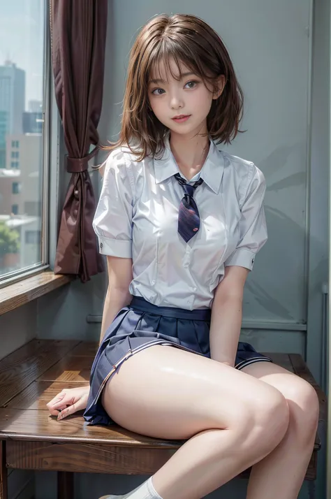 top-quality,ultra-detailliert,​masterpiece,realisitic,Photo Real,Bright lighting,1 girl in, an extremely beautiful 17-year-old girl, (kawaii:1.2),Thin smile, (Brown eyes),(brown haired),(bangss),perfect glossy skin,flawless skin,((erotick,Sexy and sexually...