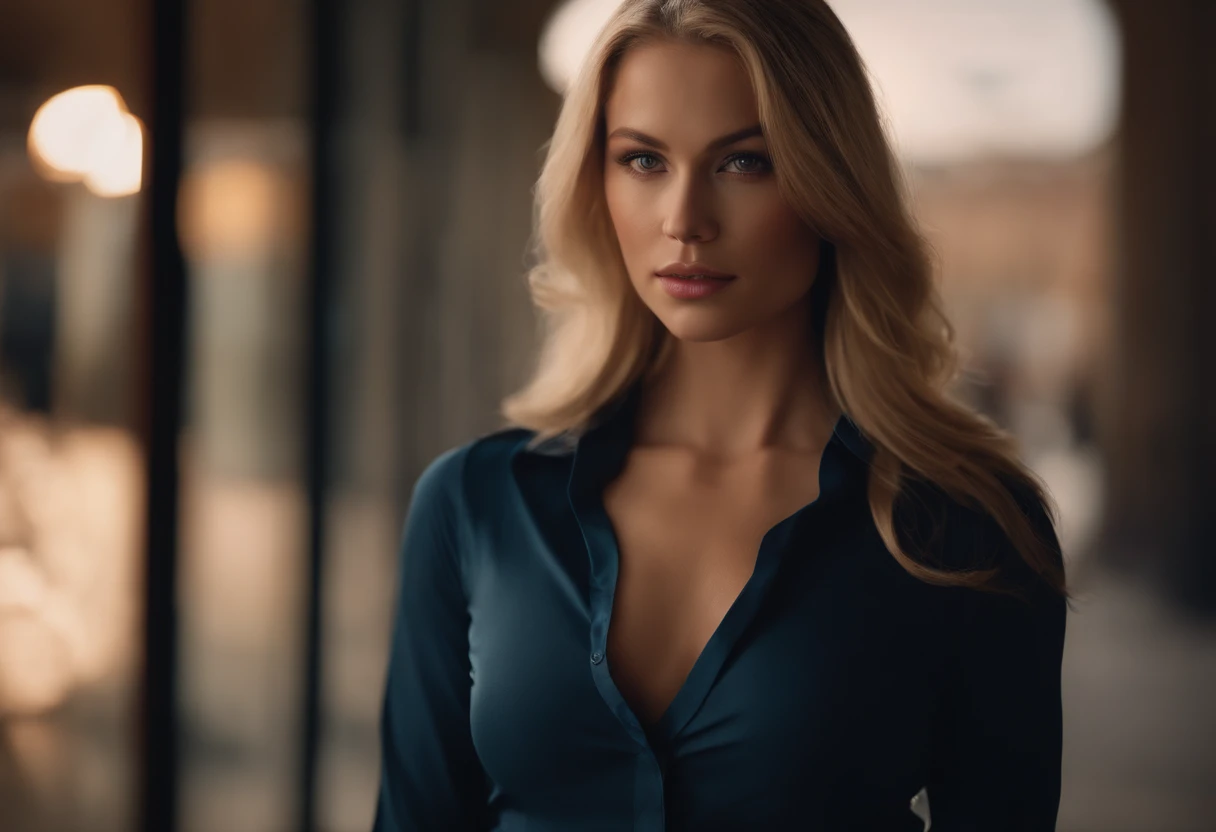 professional, (4k photo:1.1) by (Jeremy Lipking:0.3), (Dittmann Anna:0.3), (Arian Mark:0.3), (Sharp focus:1.3), high detail, wearing (tight shirt:1.2), beautiful detailed face, hazel eyes, long blonde hair, (attractive young woman:1.3), (seductive:1.1), (b...