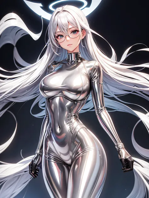 5 8K UHD、Silver-haired beauty in shiny full-body silver latex suit with glasses is looking back showing her buttocks、Beauty with shiny silver latex suit glasses with hidden skin、Upper body only