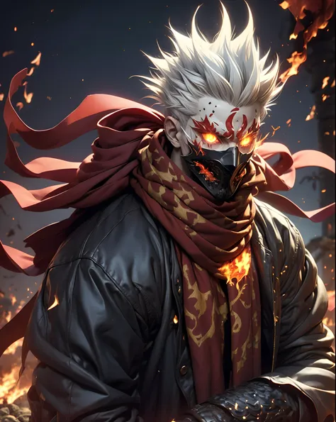 a white-haired, red-eyed man with a head of fire and a black jacket, engulfed in turbulent flames, fire behind him, detailed dig...