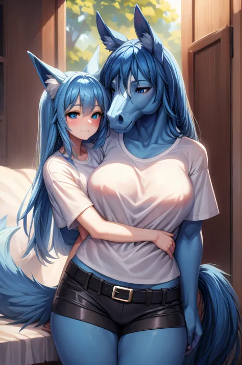 (Masterpiece) (High Detail) (High Res) A humanoid girl with pale human skin and blue eyes and long blue hair and blue dog ears and a fluffy dog tail is stood wearing just an oversized white t-shirt is cuddling with a large Anthro Horse Equine who has black...