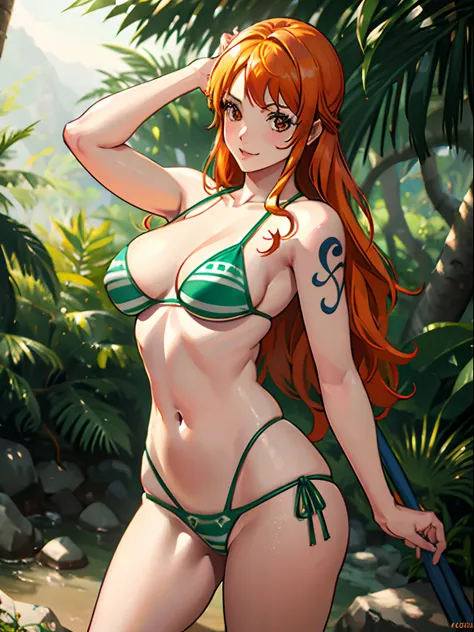 nami from one piece,muito claro laranja e amarelado menina de cabelo,Olhos castanhos bonitos, bochechas coradas,em uma casa sorrindo para o espectador,seios grees,corar no cheeking com um cabelo livre,cobrindo seu corpo com uma toalha branca coberta de cim...