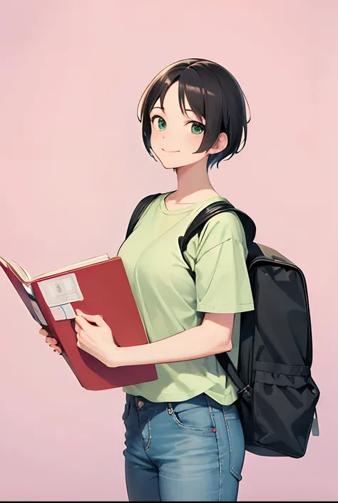 Masterpiece,2d, anime, shorthair, smile, green shirt, denim pants, holding books, backpack, standing