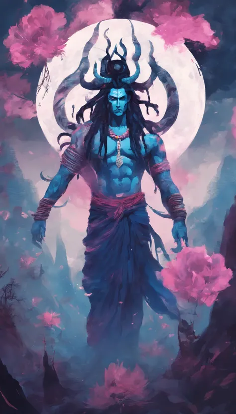 Blue skin，dreadlock hair，Mahakal , dark there ,Male Lord Shiva，slender，pink there，a moon，florals，natta，chii，