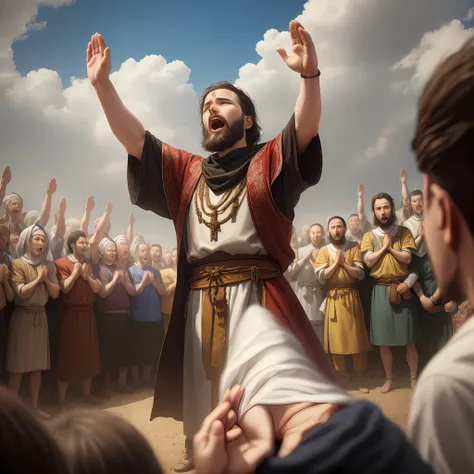 Hebrew-style man praying with his hands raised to heaven in front of a crowd of warriors