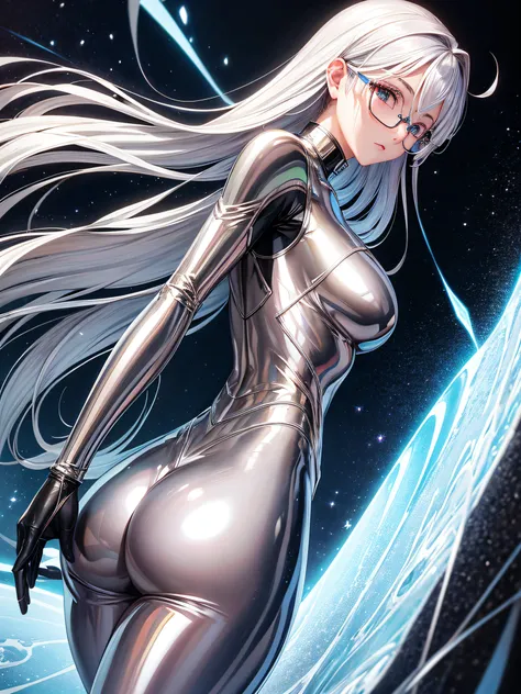 5 8K UHD、Silver-haired beauty in a shiny full-body silver suit with glasses is looking back showing her buttocks、Beauty with shiny silver latex suit glasses with hidden skin、Upper body only